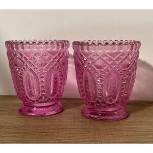 Set Of 2 Pink Glass Votive Candle Holders With Ornate Scalloped Design
